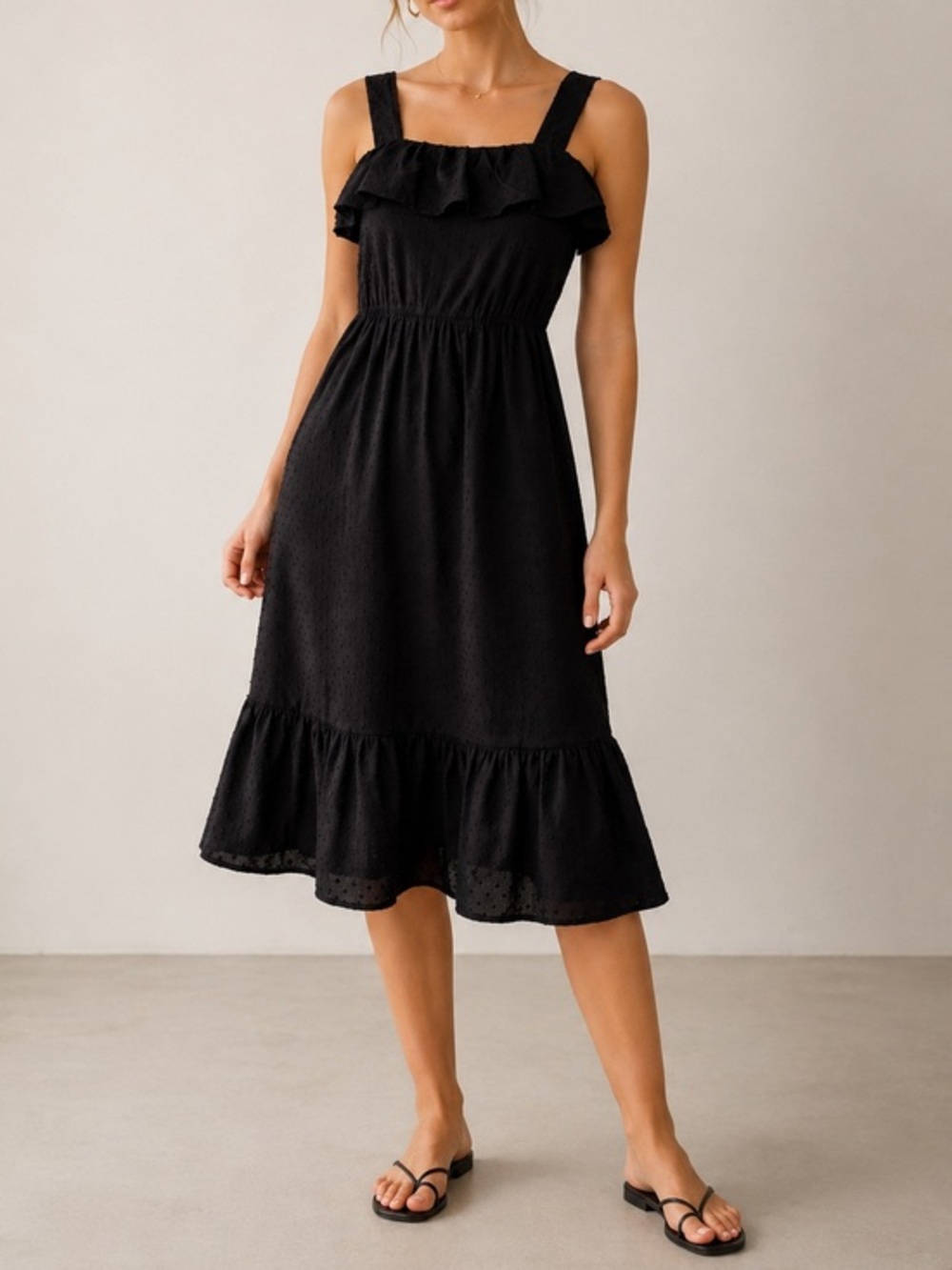 J.Crew Black Swiss Dot Square Neck Ruffle Hem Minimalist Classic Midi Dress